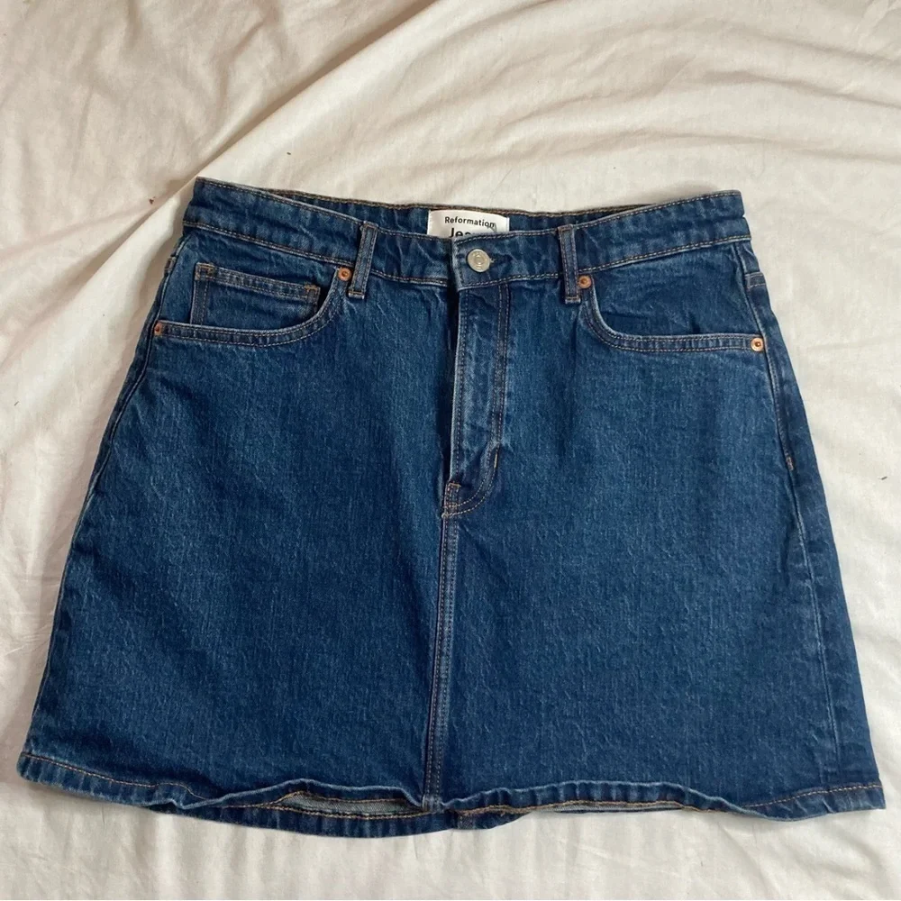 Reformation Lydia Denim High-Rise Mini Skirt Size 30 Dark Wash Navy Blue
